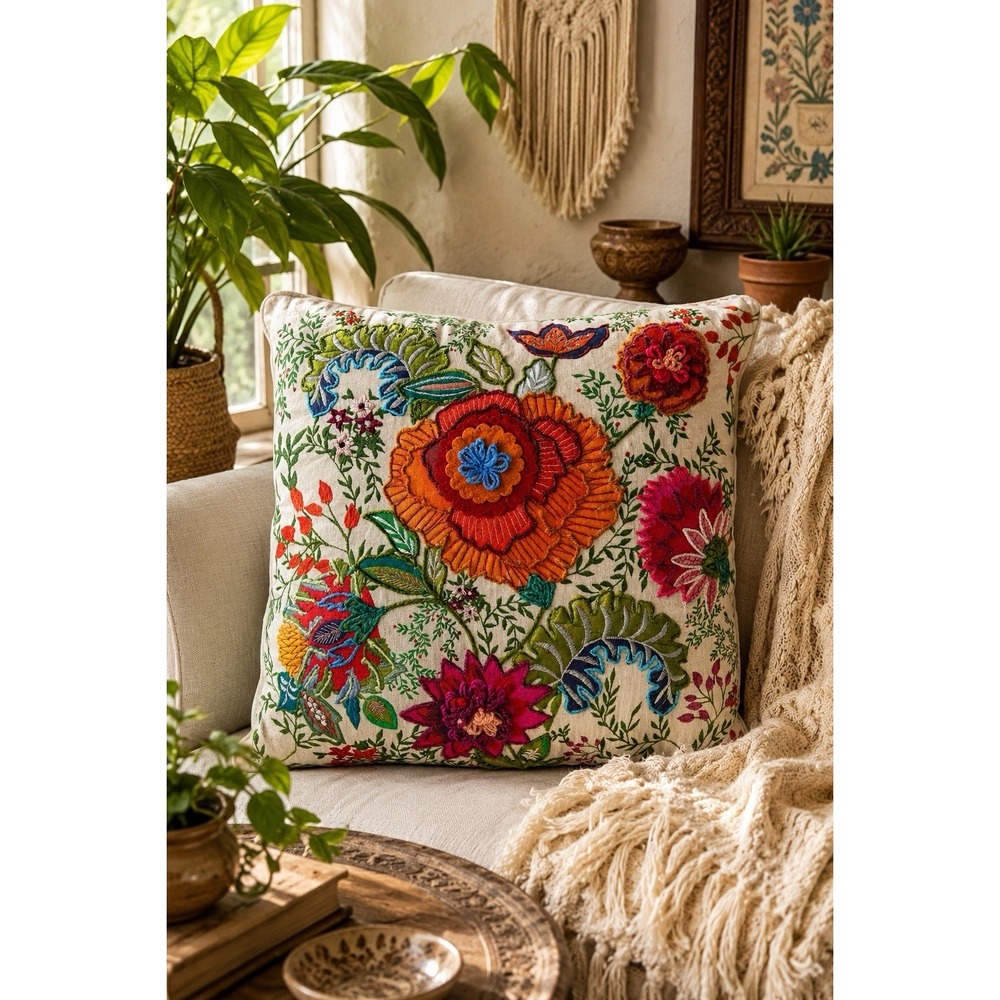 Boho Embroidered Floral Throw Pillow 19x19 Cottagecore Cotton Linen Folk Art